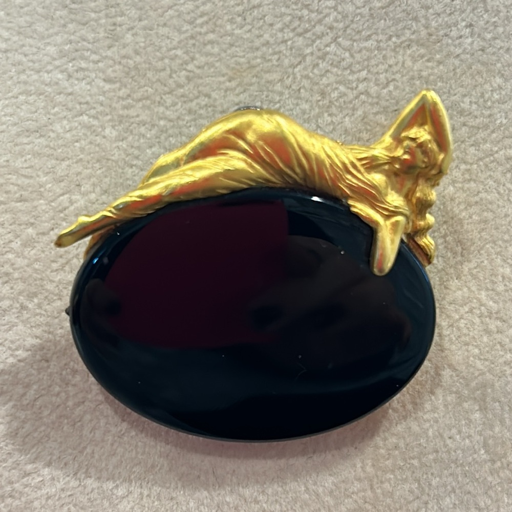 Vintage JJ Jonette Jewelry Signed Goddess On Black Oval Brooch-Boutique